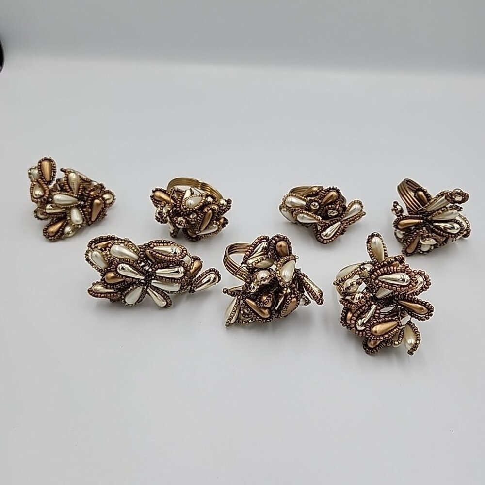 KIM SEYBERT GOLD & SILVER GLASS  BEADED  BAUBLE NAPKIN RINGS Set Of 7